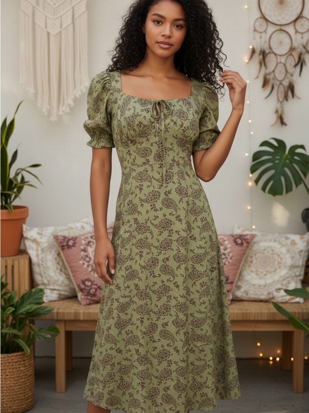 OLIVE GREEN PAISLEY FLORAL BOHO COTTAGE FOREST FAIRY MILKMAID MIDI DRESS SzM